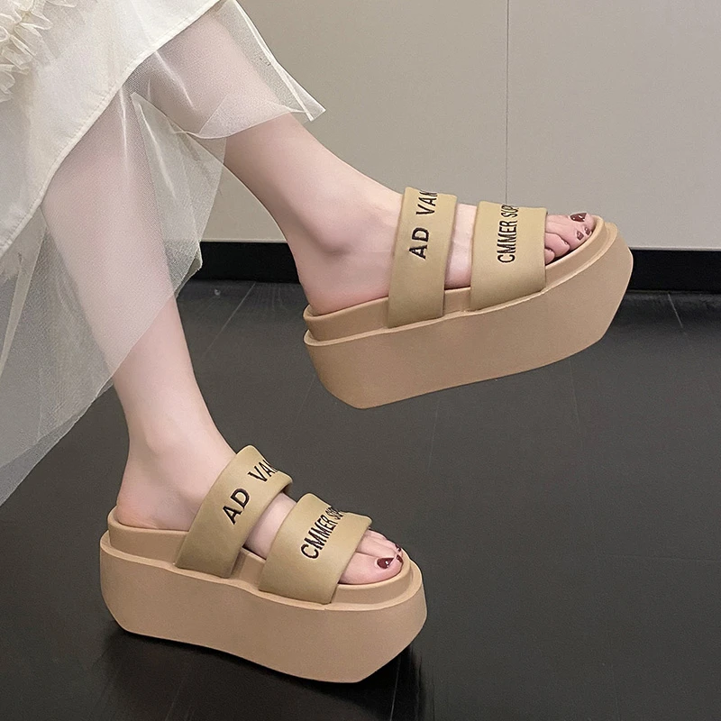 Summer 2023 Chunky Sandals Women's Thick Bottom Wedge Heels Slides 8CM High Heels Platform Leather Casual Beach Flip Flops Woman