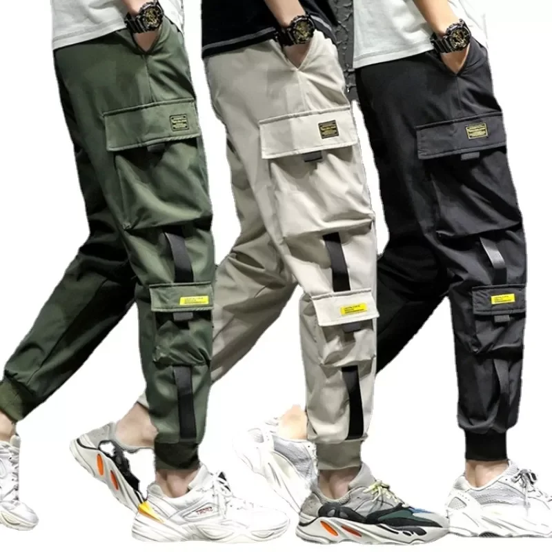 

Брюки-Джоггеры мужские с лентами, повседневные штаны в стиле хип-хоп, модная уличная одежда, шаровары, брюки-карго, весна