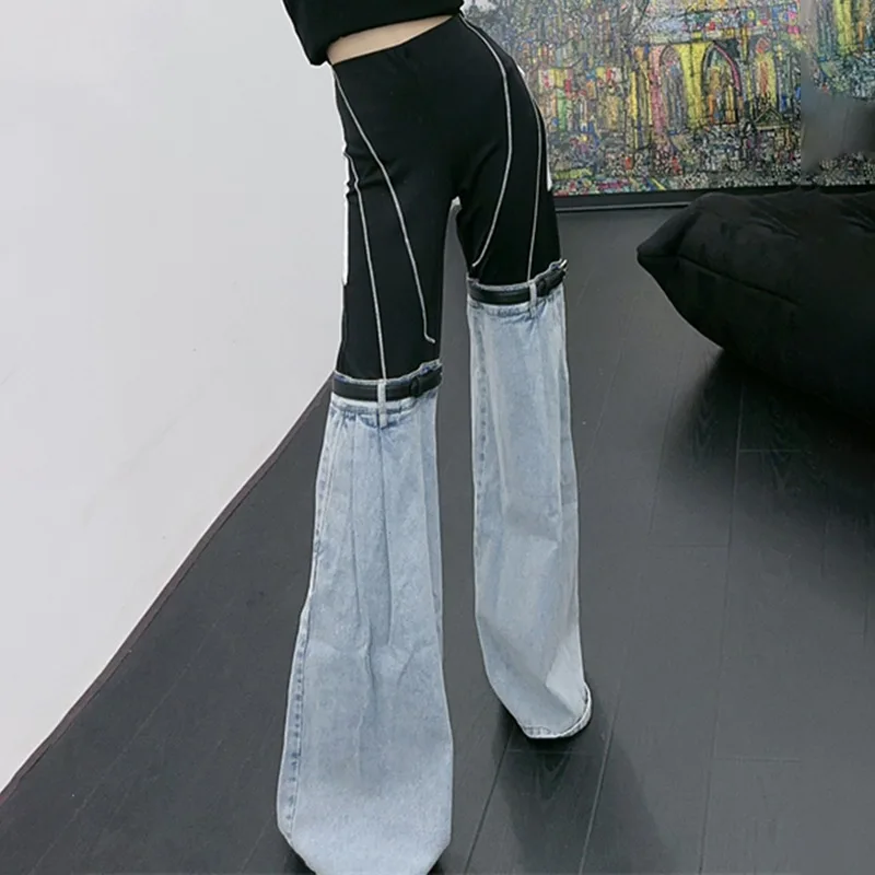 VANOVICH 2023 Summer New Knitted Contrast Color Patchwork High Street Style Denim Casual Female Europe and America Flare Pants