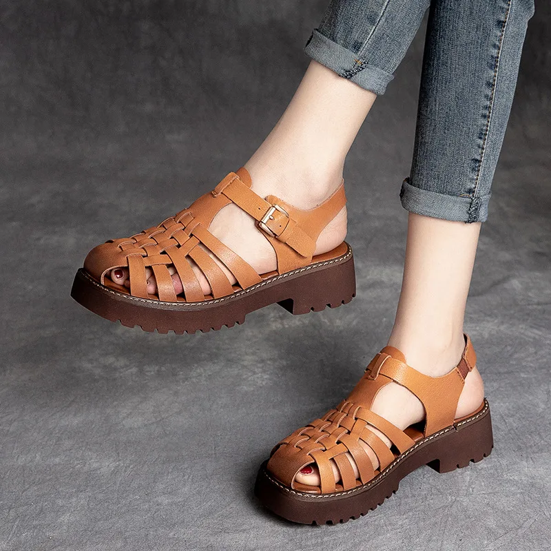 

Women Sandals Leather Summer Shoes For Women Black Casual Low Heels Beach Sandals Genuine Leather Women Brown Shoes Ladies 2022