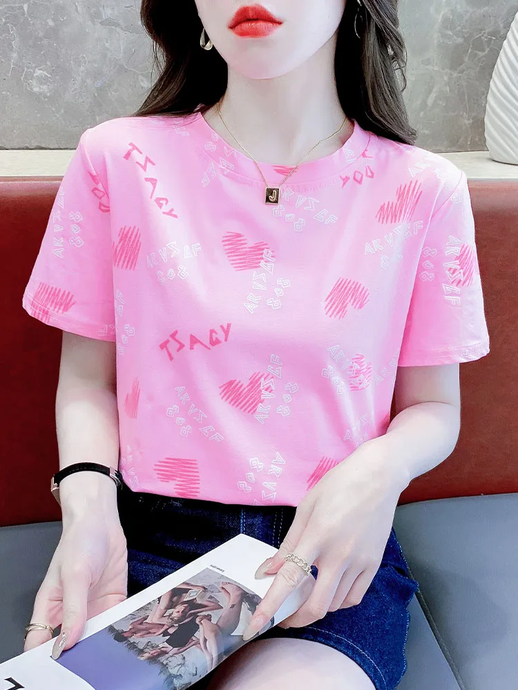 White Pure Cotton Loose Short Sleeve T-Shirt Women's 2025 Summer Slish T-shirt Heart Printed All-Matching Anti-Aging Top |