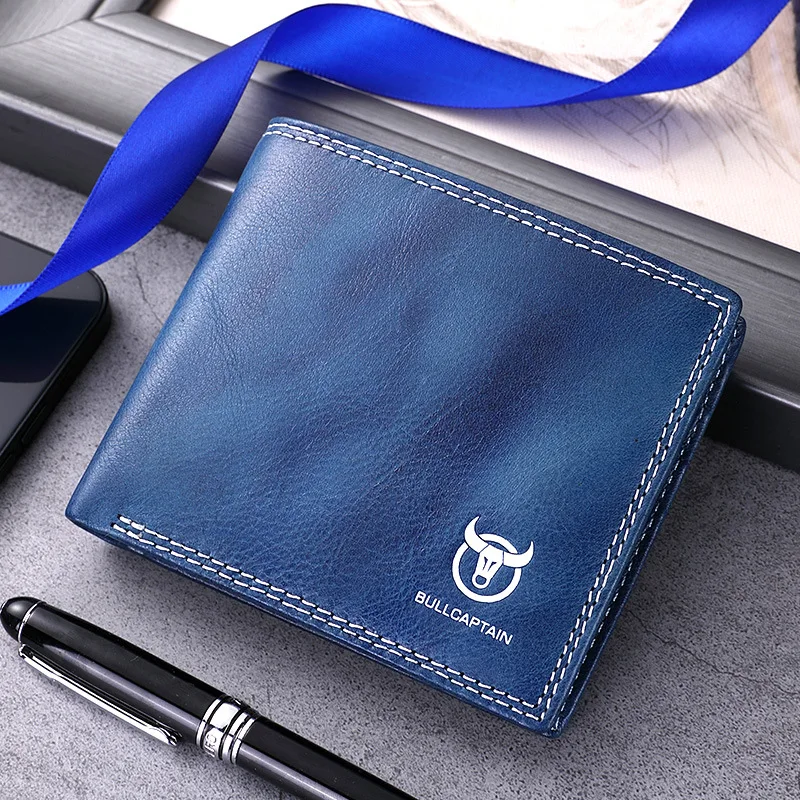Genuine Cowhide  Leather Mens Luxury Male Credit ID Card Holder Purse Premium Product Real Short Three-Fold Wallet