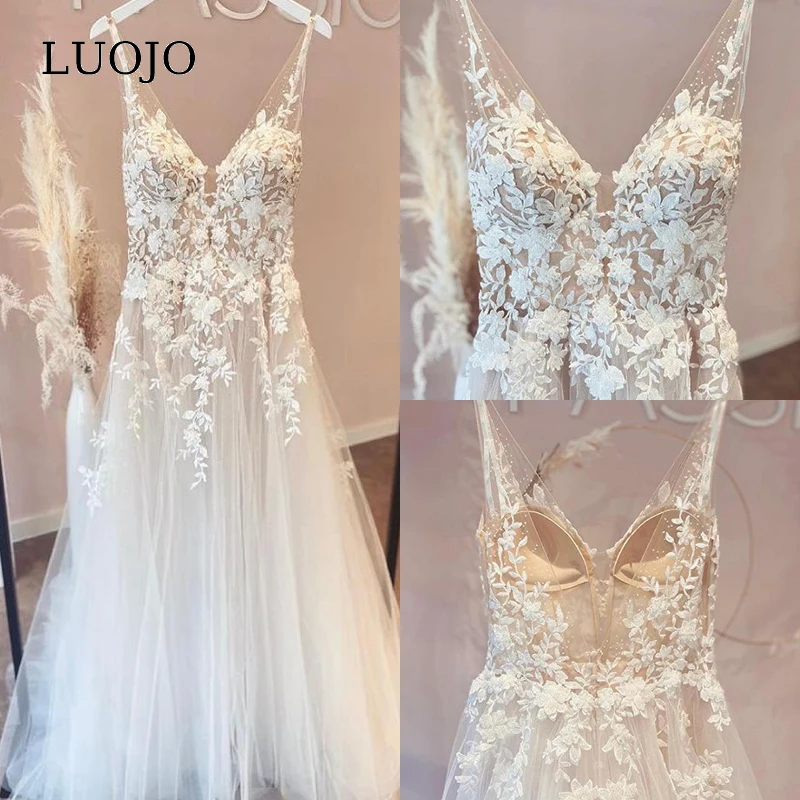 

LUOJO Unlined Bodice FLowy A-Line Tulle Wedding Dress With V-Neck Bridal Gown Beach Bridal Gown Trouwjurk Robe De Mariee Custom