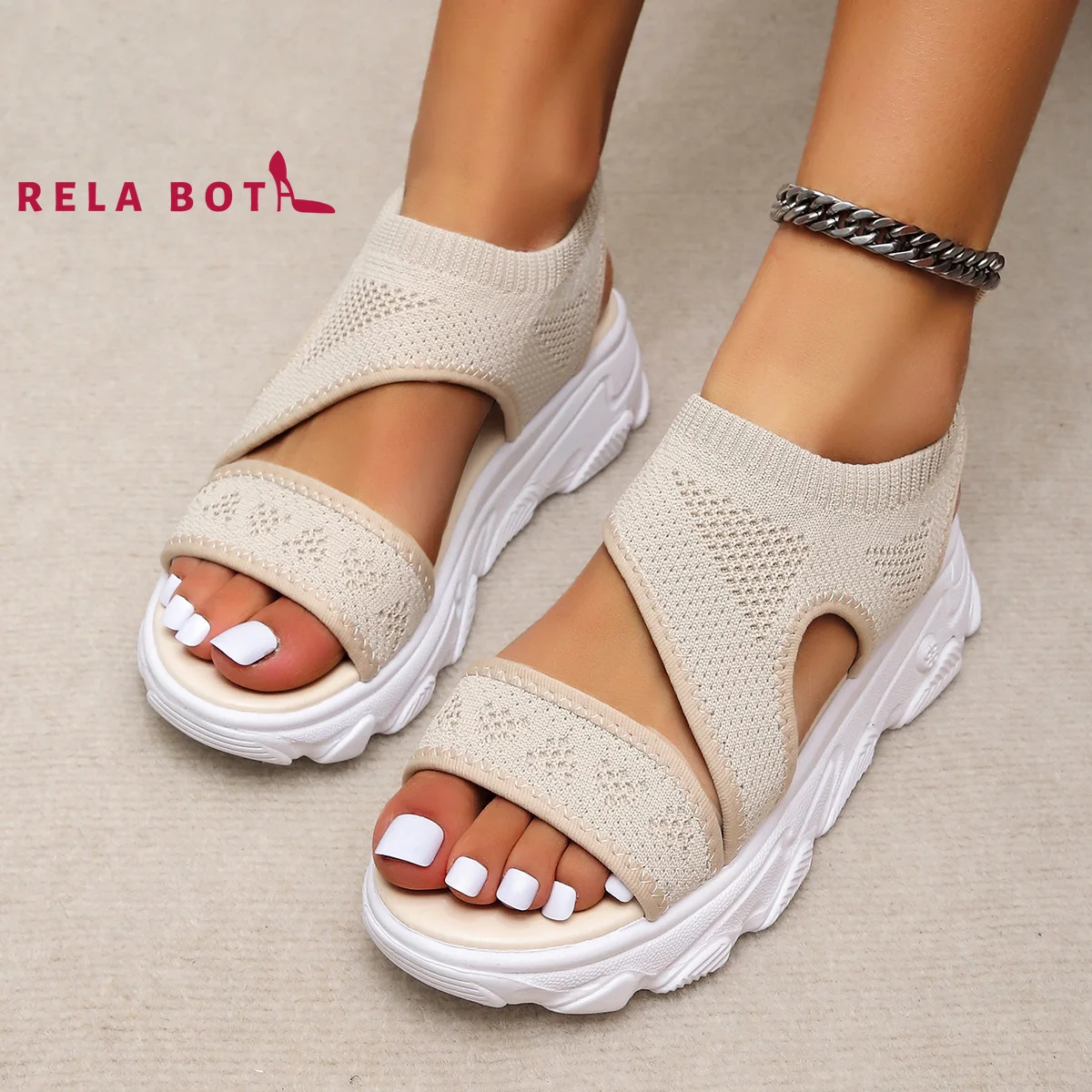 

Solid Colors Sports Style Sandals Women 2022 Sponge Cake Thick Bottom Fly Woven Cover Feet Breathable Leisure Fish Mouth Sandals