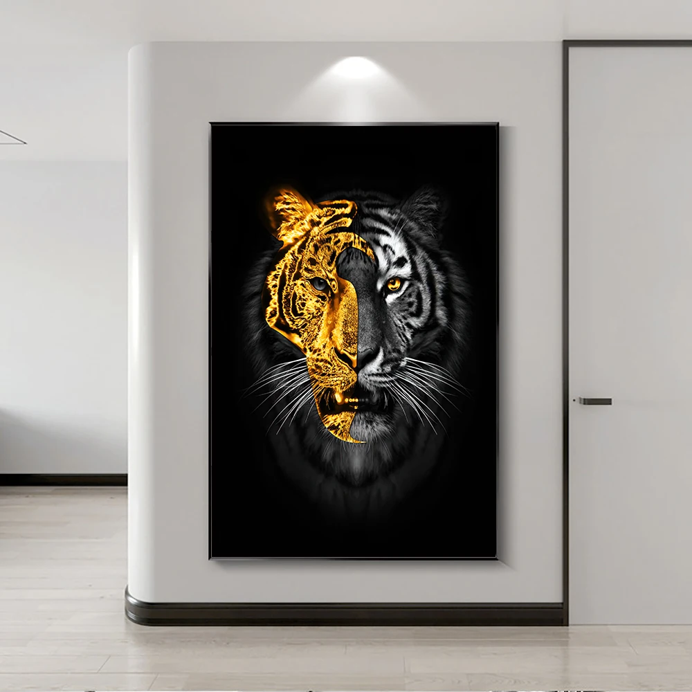 

African Art Black and Gold Tiger Oil Painting on Canvas Cuadros Posters and Prints Scandinavian Wall Art Picture for Living Room