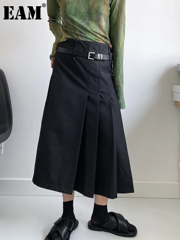 

[EAM] High Waist Black Belted Pleated Desgin Elegant Half-body Skirt Women Fashion Tide New Spring Autumn 2023 1DF750201