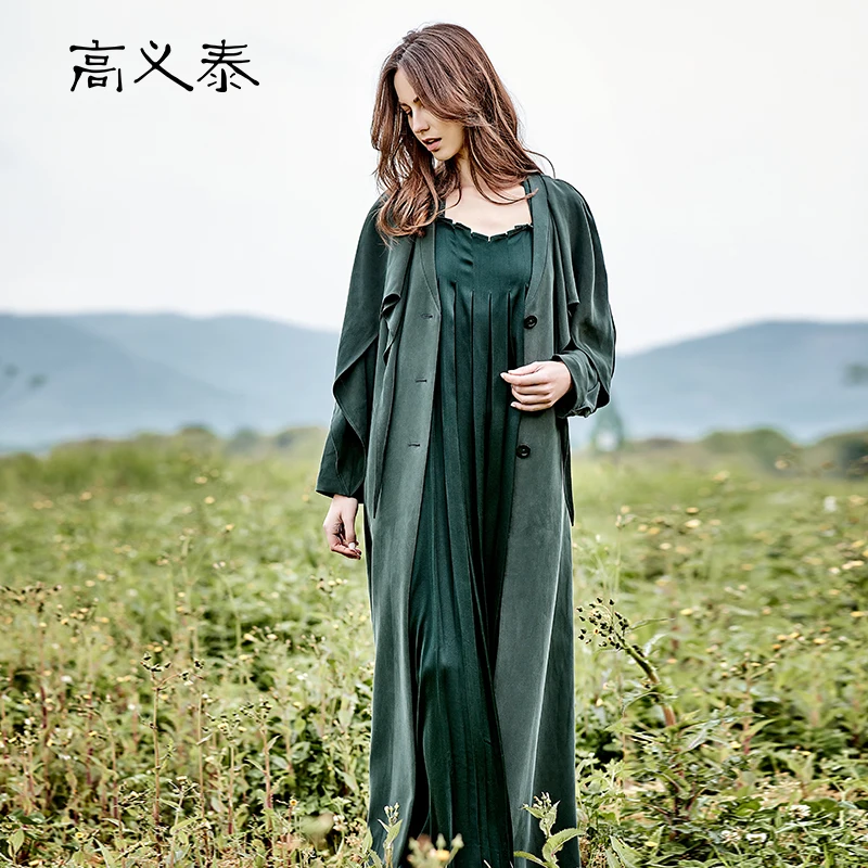 

High End 30m/m Heavy Thick Silk Long Sleeve Asymmetrical Contrast Stitching V-Neck Tie Emerald Long Trench Coat Autumn FY017