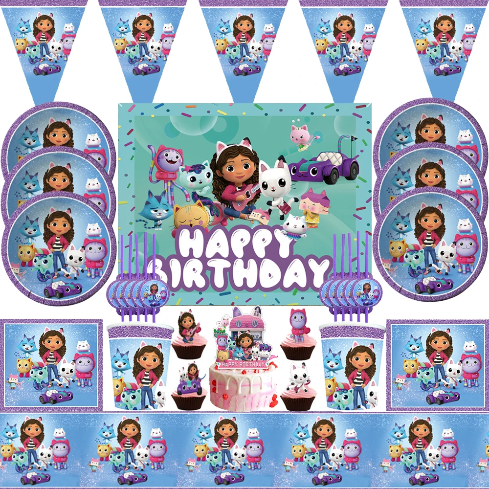 

Gabby Dollhouse Suit Girls Birthday Party Decorations Disposable Tableware Backdrop For Kids Girls Baby Shower Party Supplies
