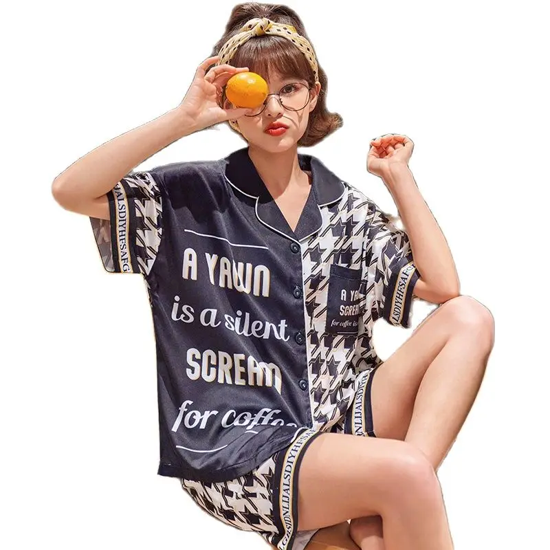 Print Letter Patchwork Fashion Silk Night Wear Set for Women Summer 2022 New Casual Home Suit Sleepwear Ladies Satin Pajamas