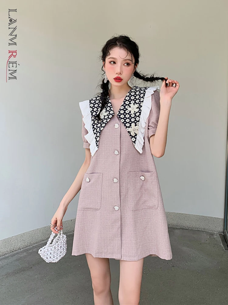 

LANMREM Embroidrey Above Knee Mini Dress For Women Turn-down Collar Single Breasted Loose Dresses Female 2022 Summer 2N399