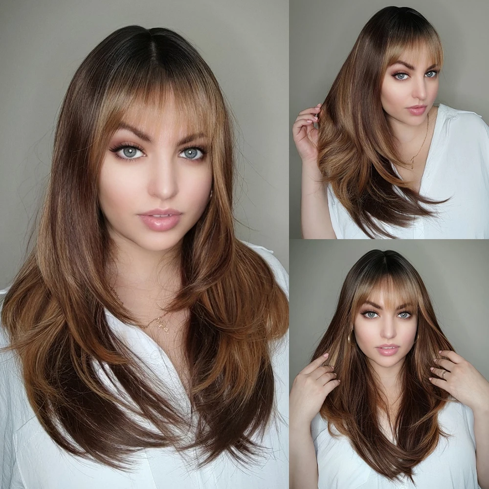 

Brown Layered Synthetic Wigs for Black Women Long Straight Blonde Highlights Wigs with Bangs Cosplay Heat Resistant Hair