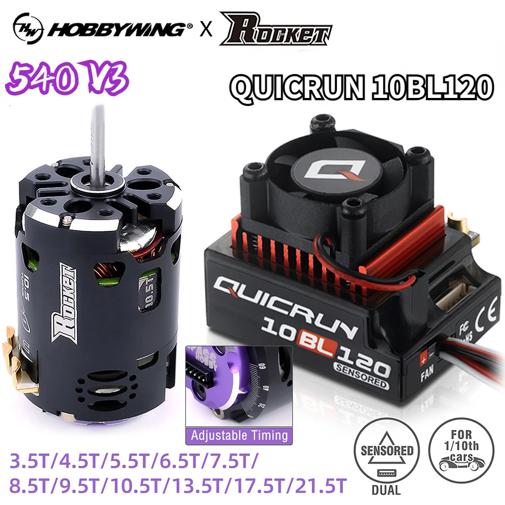 

Hobbywing QUICRUN 10BL120 120A ESC W/Rocket 540 V3 4.5T 10.5T 13.5T Sensored Brushless Motor for Competition 1/10 1/12 F1 RC Car