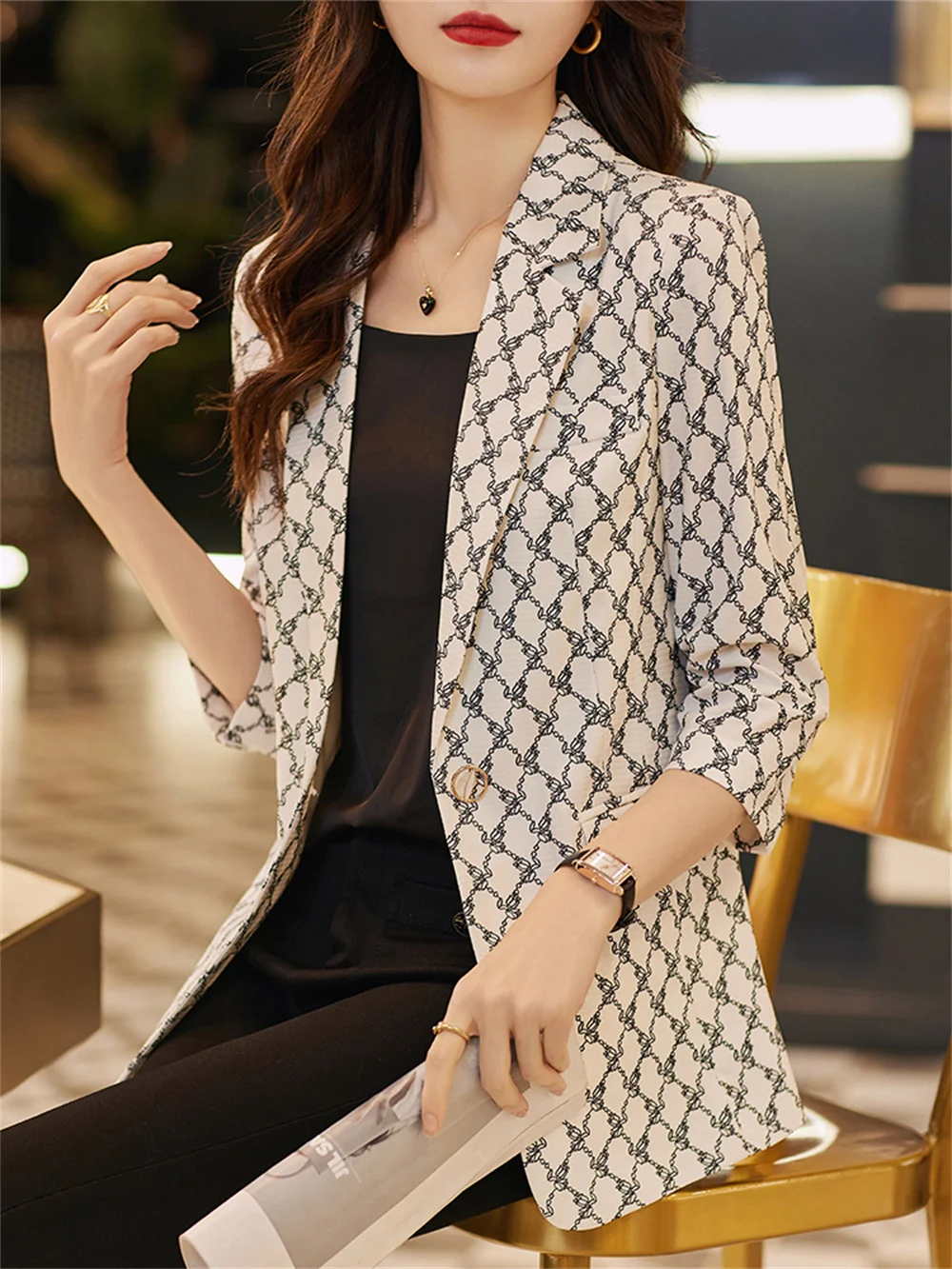 Fashion Women Jacket 2023 New in Female Khaki White Plaid Single Button Long Sleeve Clothing Office Lady Business Formal Blazer