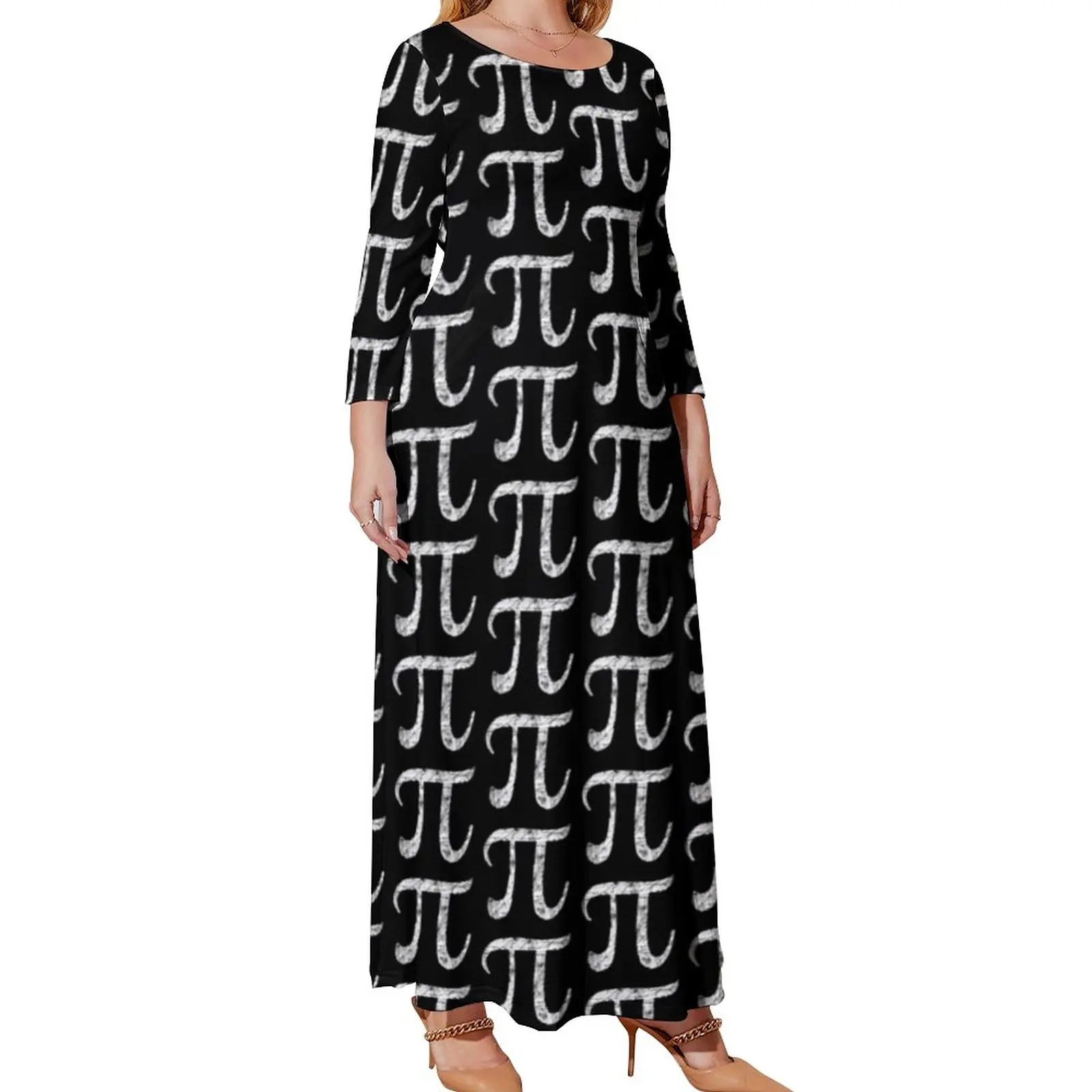 Mesh Symbol Dress Pi Greek Letter Print Pattern Bohemia Dresses Long-Sleeve Aesthetic Long Maxi Dress Elegant Vestidos Plus Size