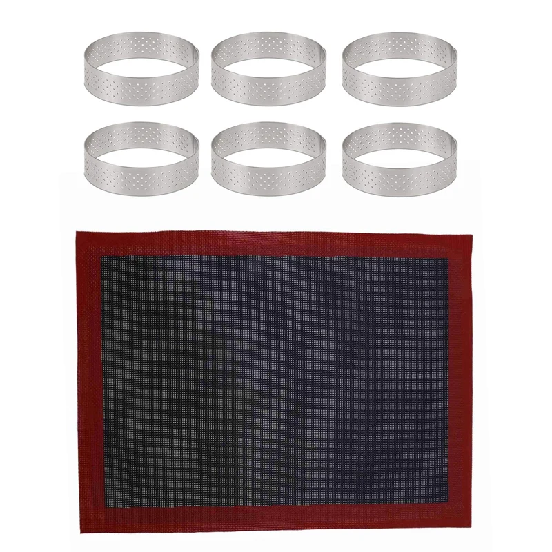 

1 Pcs Perforated Silicone Baking Mat & 1 Pcs Circular Stainless Steel Porous Tart Ring Bottom Tower Pie Cake Mould