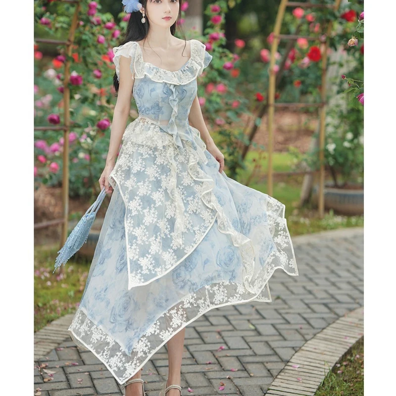 

Женское винтажное платье с оборками, синее кружевное асимметричное платье с цветочным принтом и вышивкой, лето 2023