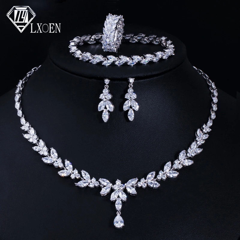 

LXOEN New Shiny Cubic Zirconia Ring Bracelet Necklace and Earring Wedding Bridal Bridesmaid Jewelry Set for Women