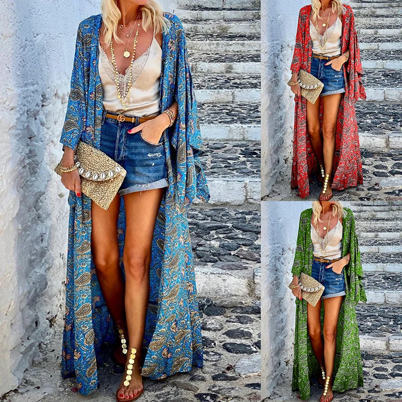 

Women Bikini Cover Up Printed Loose Cover-ups for Swimwear Women Mid Length Bohemian Cardigan Beach Wear Swimsuit Women Kimono