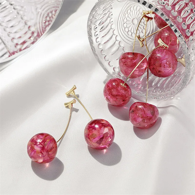 Hot Sale Korean Style Sweet Gold Color Fresh Fruit Red Cherry Drop Earrings for Women Girls Student Party Jewelry images - 6