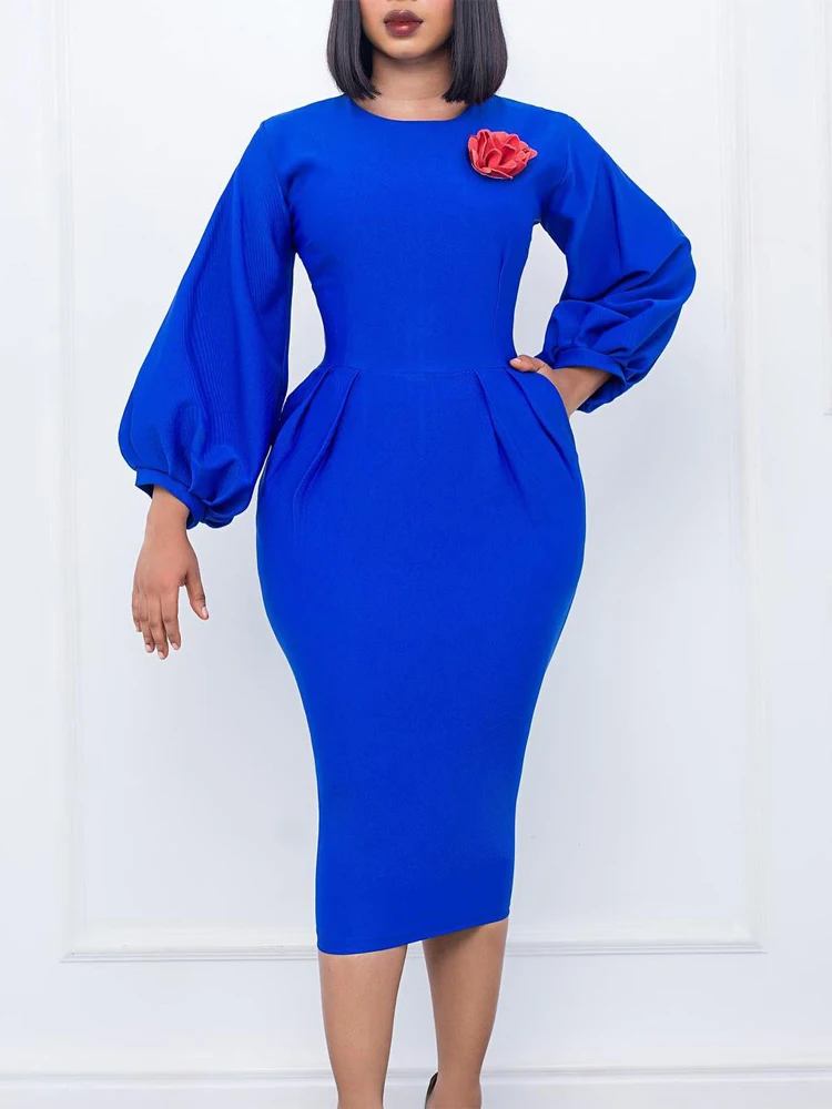 

Plus Size Solid Color Long Sleeved Women's Dress 2023 Autumn/Winter Blue O-neck Temperament Wrap Hip Skirt for Office Workers