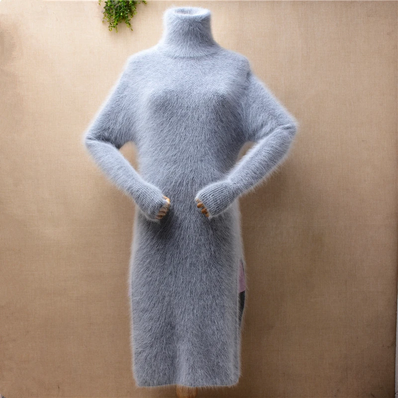 

04 Женская осенне-зимняя одежда, серая меховая кашемировая вязаная водолазка с разрезом, облегающее длинное платье-свитер из ангоры, джемпер