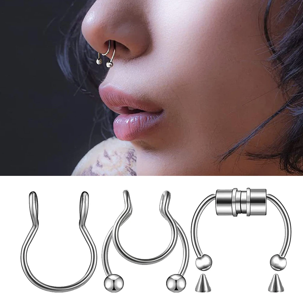 

6Pcs/Set Hot Sale High Quality New Fake Septum Fashion Stainless Steel Non Piercing Jewelry Nose Ring Fake Piercing Nose Clip