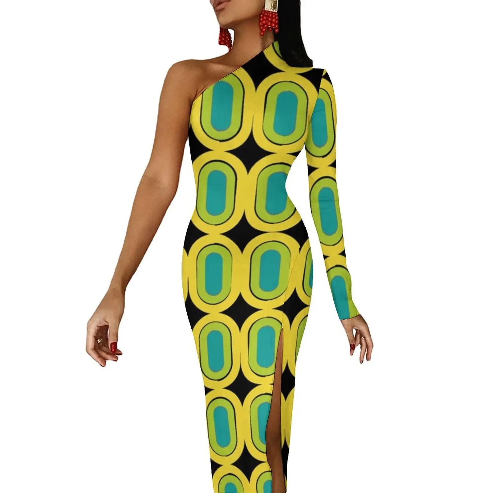 

60s Retro Mod Print Bodycon Dress Autumn Geometry Pattern Elegant Side Split Long Dresses Female Long Sleeve Aesthetic Dress