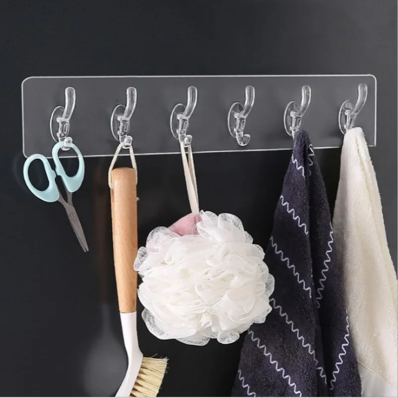 

Transparent Plastic Nail-free Wall Hook Six Rows Hooks Wall Hook Kitchen Bathroom Strong Self Adhesive Door Hook Storage Rack