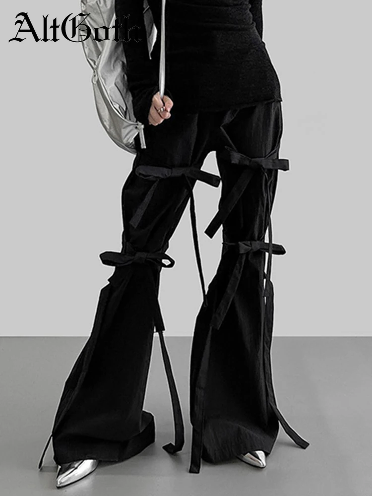 

AltGoth Streetwear Mall Goth Pants Women Harajuku Emo Alternative Grunge Bow Lace-up Flare Sleeve Pants Y2k Cyberpunk Trousers