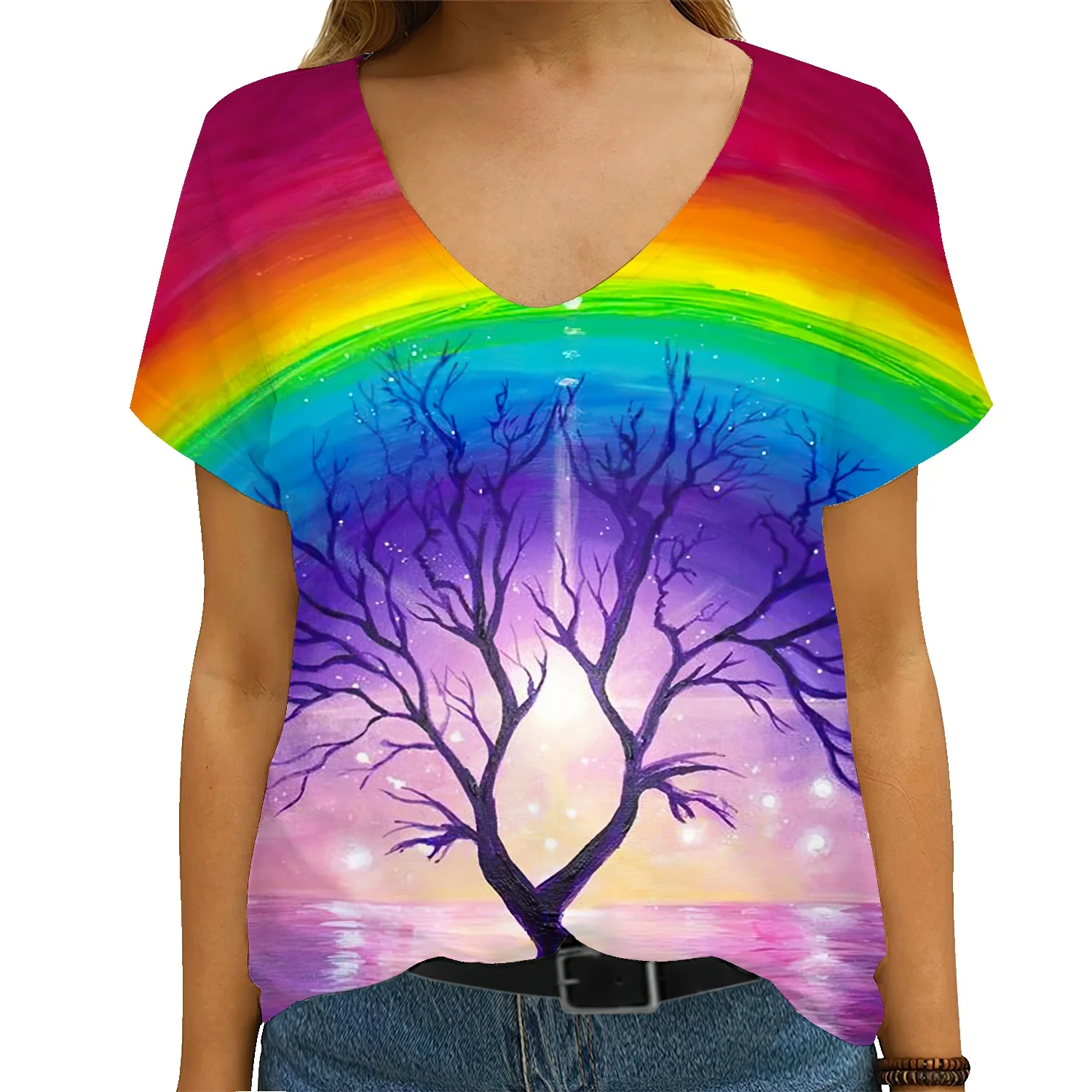 

2022 Summer Women 39;s Abstract Painting T Shirt Graphic Print V Neck Basic Tops Green Blue Purple 3D Print Loosen Shirt New