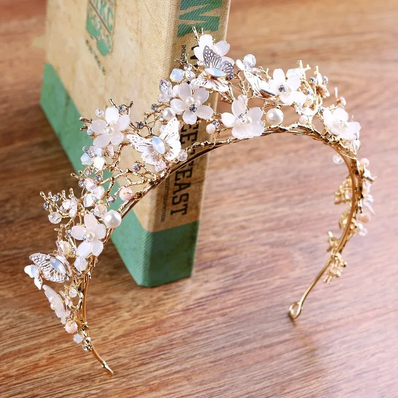 

Baroque Vintage Crown Gold Color Branch Wedding Tiara Hair Accessories Pearls Women Jewelry Bridal Crowns Headwear
