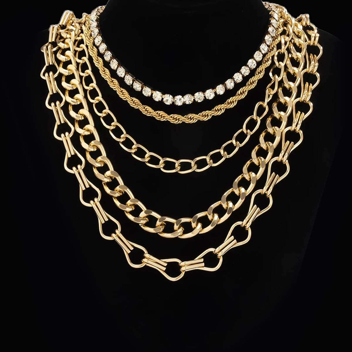 

Punk Hip Hop Chunky Cuban Multilayer Chain Necklace for Women Vintage Crystal Rhinestone Short Choker Necklace Steampunk Jewelry