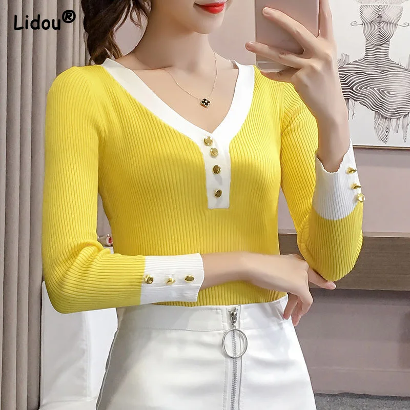 

V Neck Button Skinny Long Sleeve Simple Women's Clothing Spring Autumn Elegant Fashion T Shirts Elasticity Comfortable Wild Tops