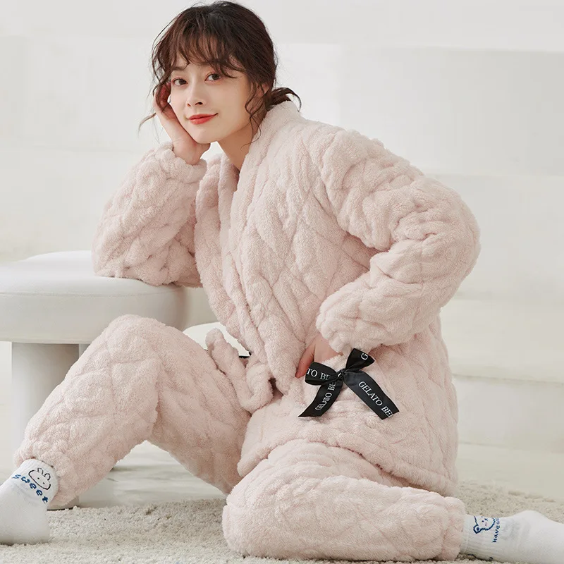 Winter Pajamas Sets Women Coral Fleece Winter Thick Warm Flannel 2Piece /Set Casual Home Clothes Suit Soft Hooded Sleepwear Cute