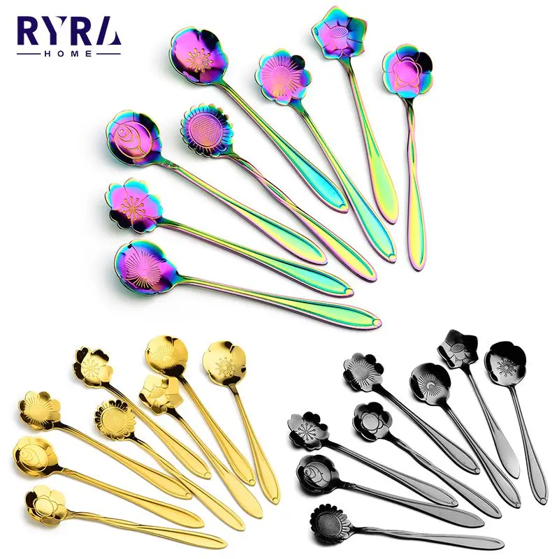 

8Pcs Flower Spoon Set Cherry Rose Gold Silver Scoop Coffee Spoon Stainless Steel Vintage Teaspoons Drink Tableware Decoration