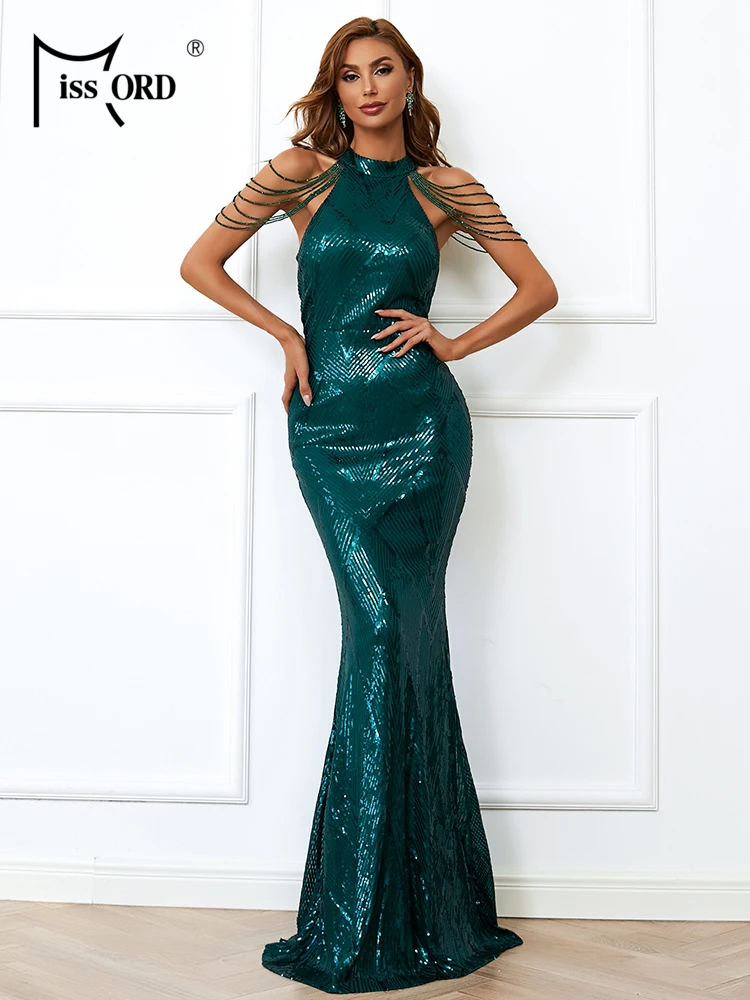 Missord 2022 Summer Dress Sexy Women Halter Sequin Party Sleeveless Floor-Length Bodycon Tassel Solid Color Maxi Wedding Dresses