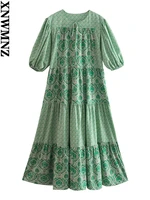 xnwmnz 2022 women fashion long print dress woman retro slit collar tie half sleeve female chic dresses