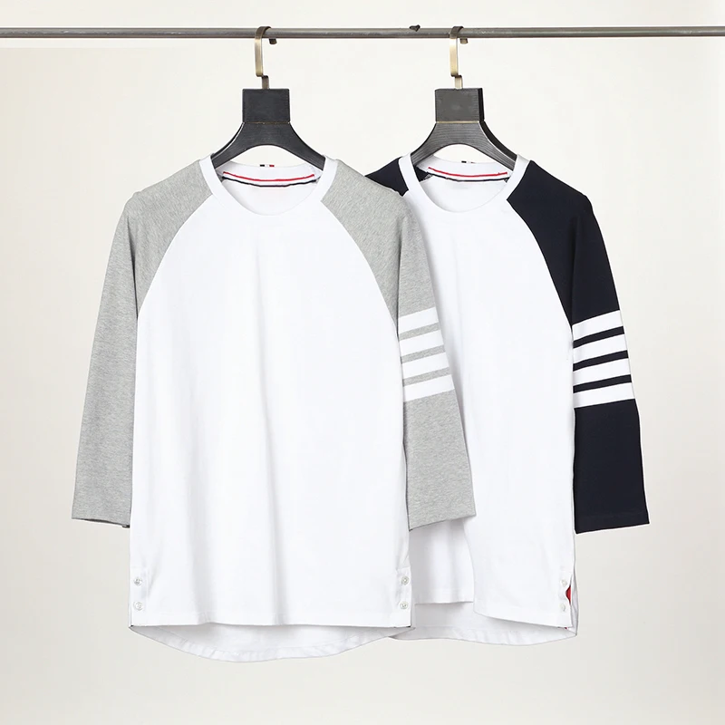 

TB THOM T Shirt For Men Classic Cotton Mixed Color Three Quarter Sleeve O-neck Stripes Tees Casual Streetwear Harajuku Tops