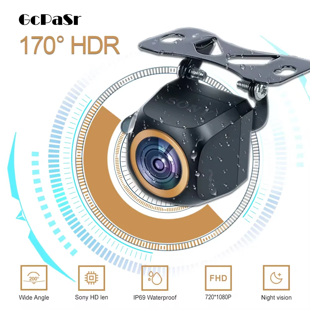 GcPaSr для 200 ° AHD «рыбий глаз» с золотым объективом 1920x1080P Автомобильная камера заднего вида Full HD ночного видения Задняя часть автомобиля сзади спереди