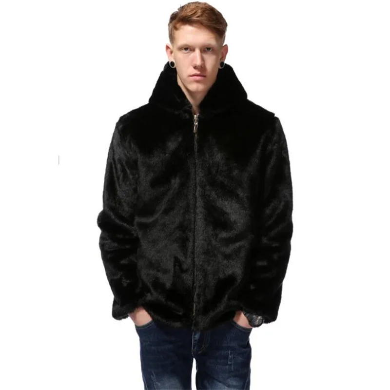 Autumn faux mink leather jacket mens winter thicken hooded black warm fur leather coat men slim jackets jaqueta de couro fashion