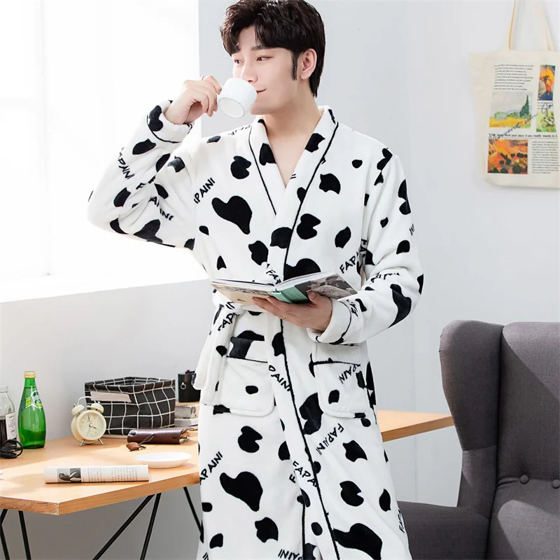 Winter Casual Belt Nightgown For Men Solid Color Flannel Nightdress Men's V-Neck Full Sleeve Nightwear 2022 Fashion Homewear