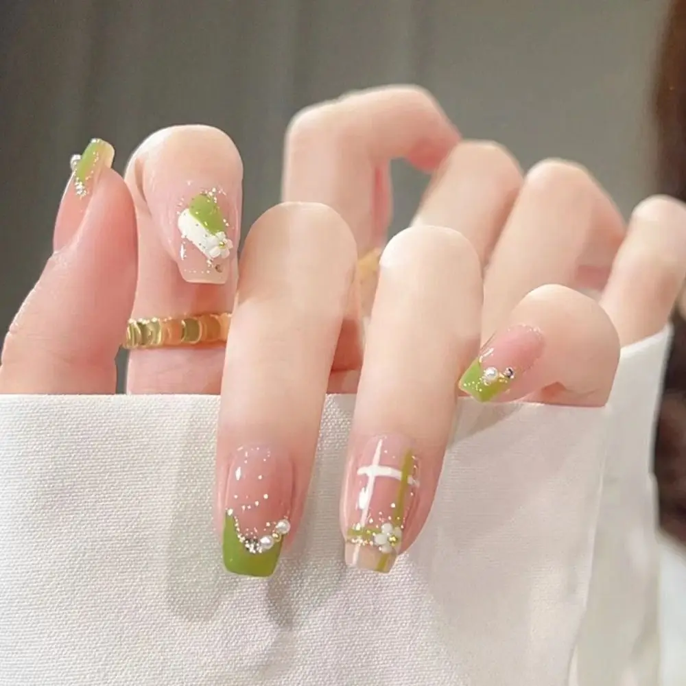 

24 шт. накладные ногти со съемным полным покрытием накладные ногти балерины накладные ногти с зеленым кристаллом галстук-бабочка длинный французский