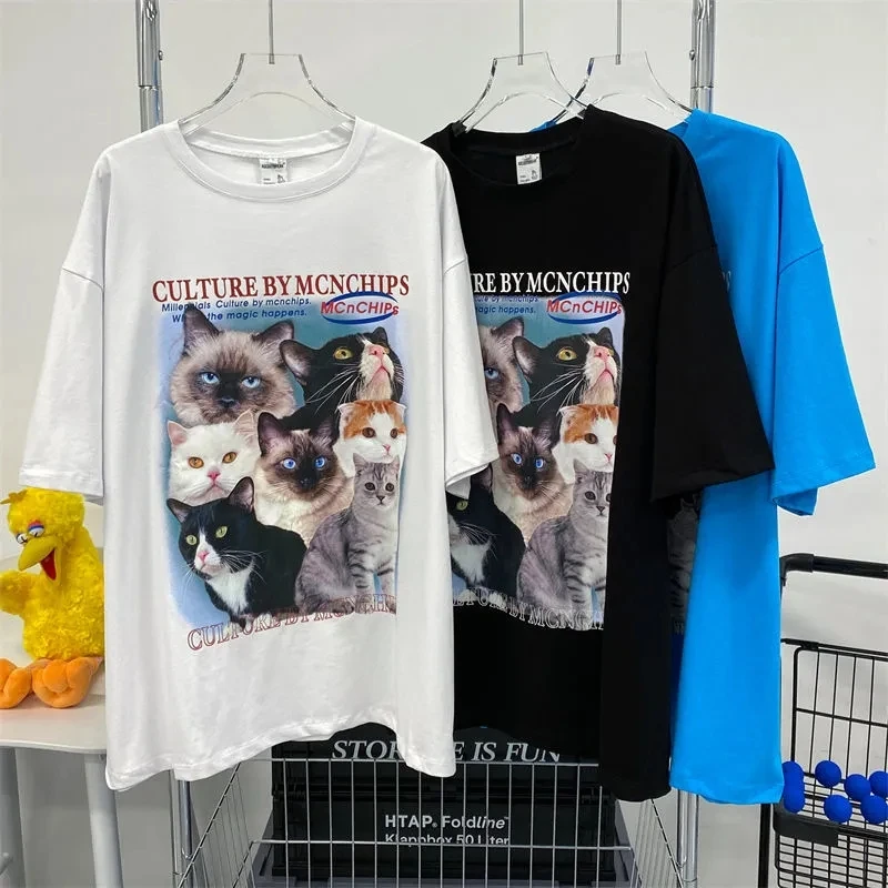 

Summer Casual High Street Tops Vintage Harajuku y2k Women T-Shirt Cat Graphic Loose Oversized O-neck Punk Chic American Clothing