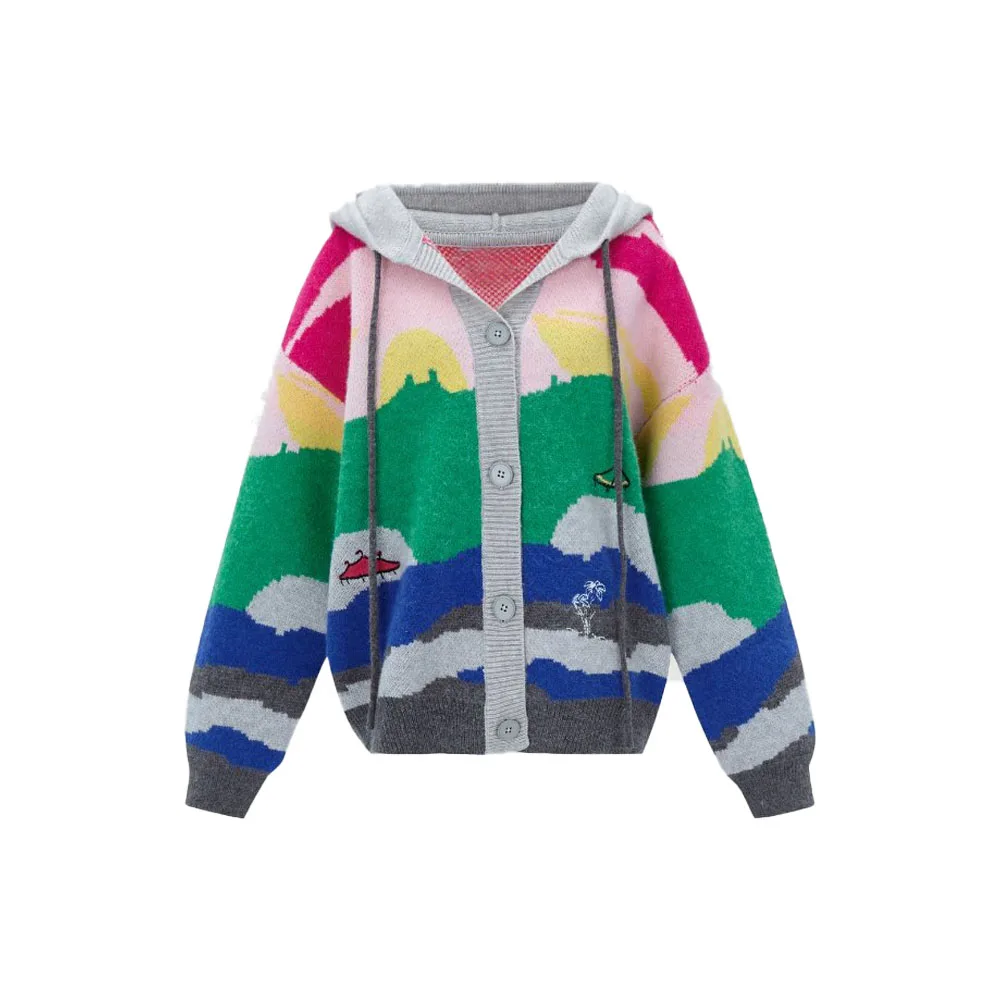 

Autumn and winter women's long lazy wind half high collar collision color striped coat coat knitted cardigan sweater