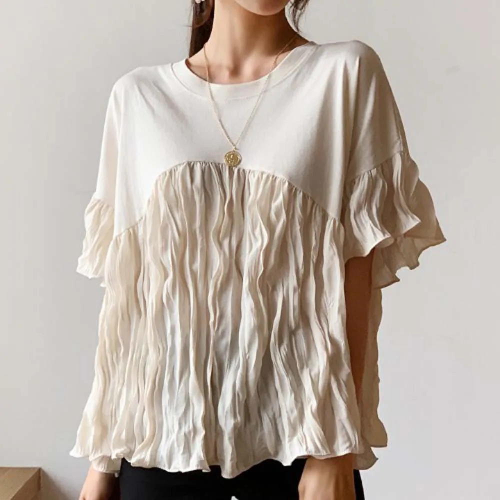 

2022 Summer T-Shirt Women Casual Solid Color Pleated Patchwork Round Neck Pullover Loose Bat Sleeve Leisure T-shirt For Ladies