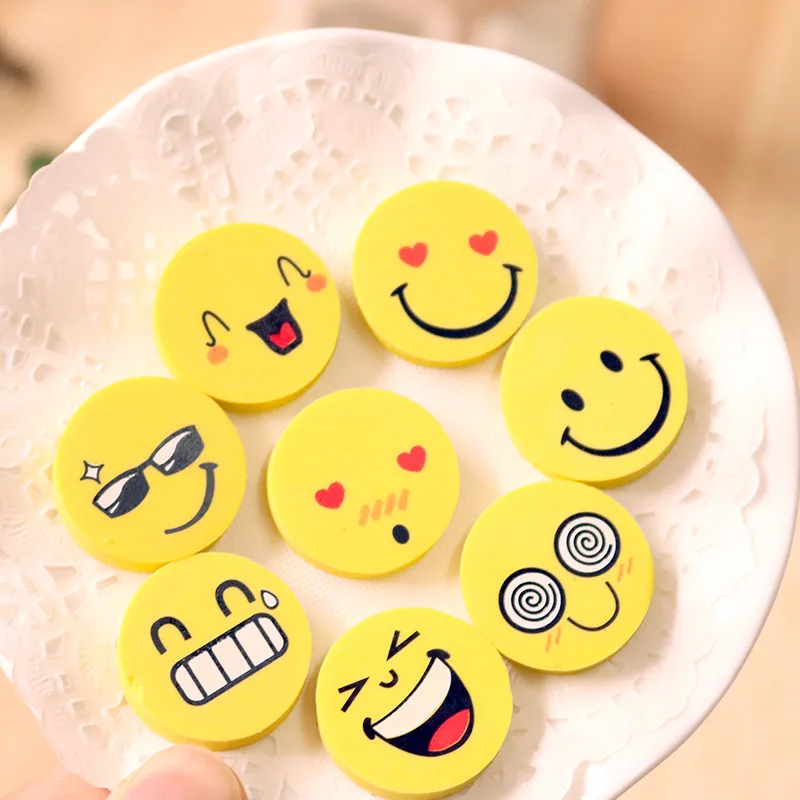 4 Pcs Erasers Pencil Children Cartoon Study School Smiling Face Expression Creative Rubber Student Stationery Eraser Gift