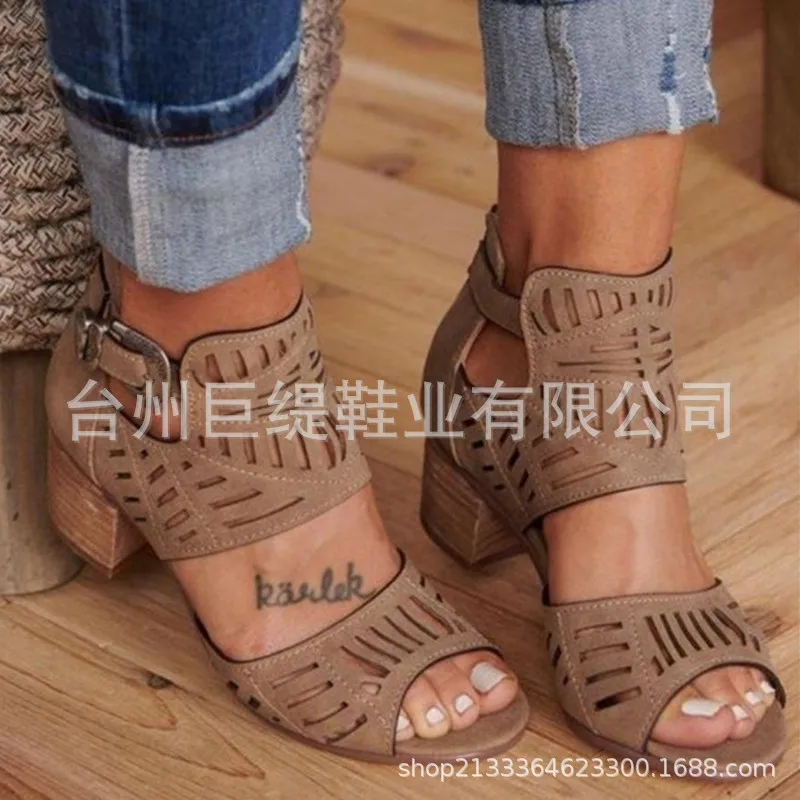 

Босоножки женские с перфорацией, винтажные сандалии на среднем каблуке, без застежки, с искусственным открытым носком, повседневные свадеб...