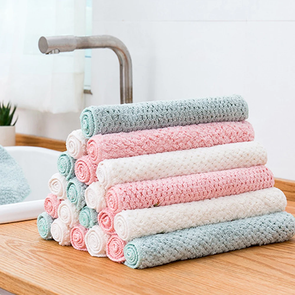 

5PCS Coral Fleece Dishcloth Thickened Pineapple Grid Cleaning Cloths Non-stick Oil Dishcloth Household Cleaning Supplies
