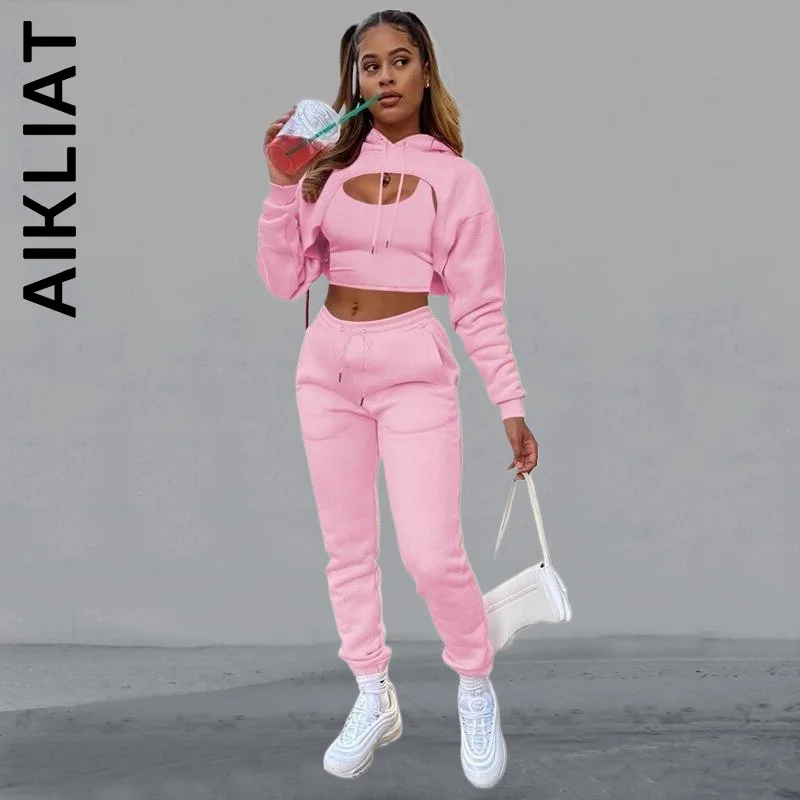 

Aikliat, новый женский комплект, спортивные костюмы, толстовки с длинным рукавом, короткий топ и брюки, комплект из 2 предметов, свободные мягкие...