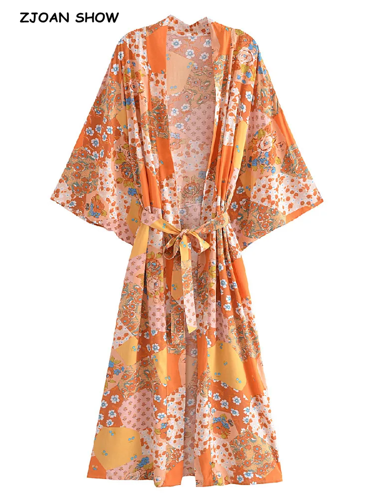 

2022 BOHO Orange Geometric Flower Print Long Kimono Shirt Ethnic Lacing up Bow Sashes Long Holiday Cardigan Loose Blouse Tops